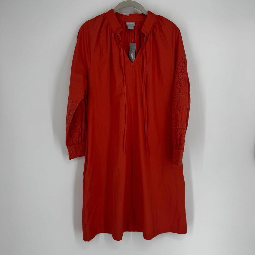 Chicos dress small S orange embroidered sleeve shift mini tropical beach cruise
